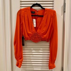 Bebe red orange jeweled long sleeve crop top XS
